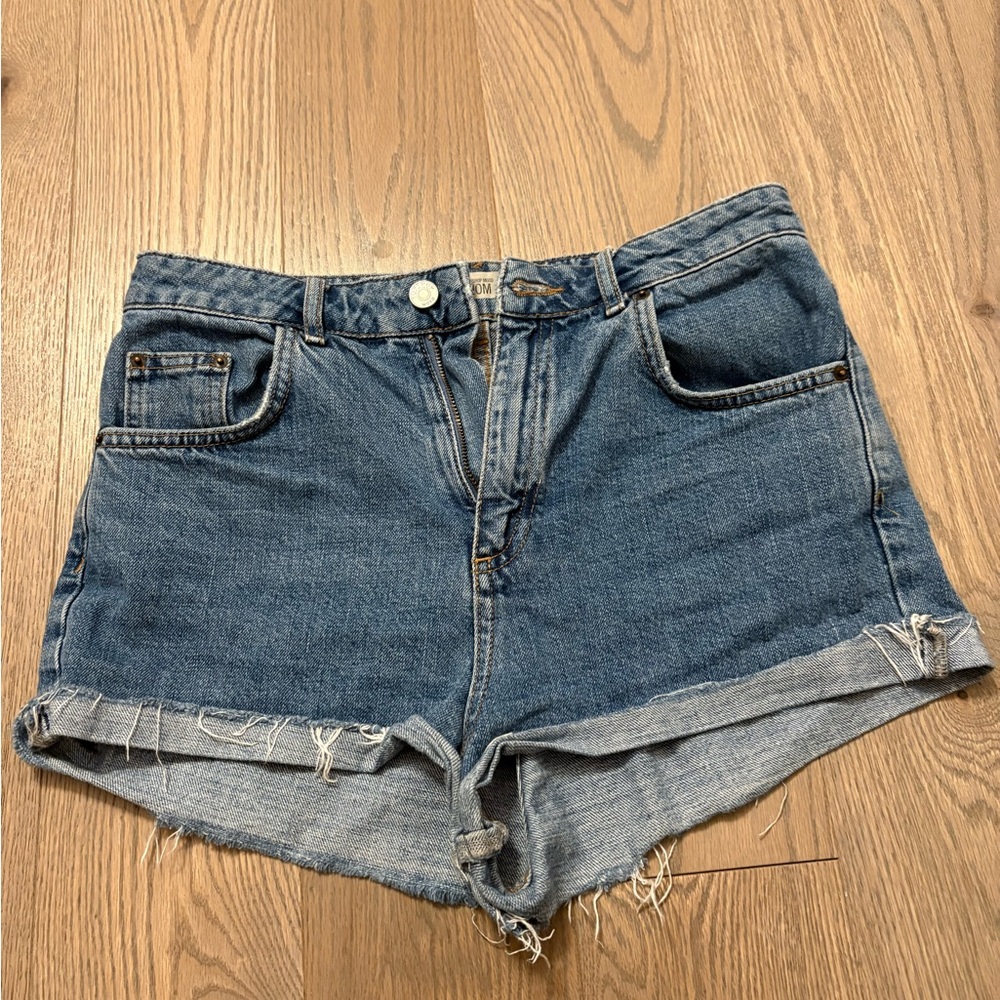 Topshop Blue Jean Shorts High-Waisted Cuffed